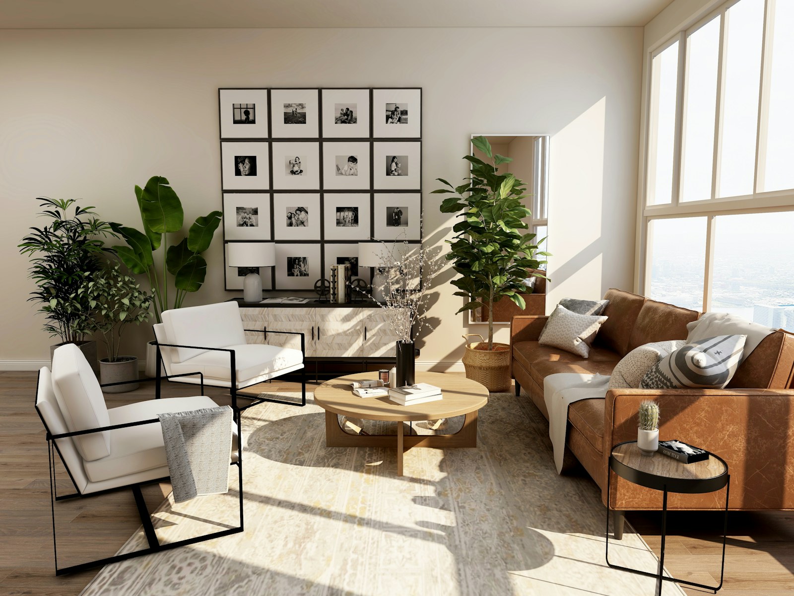 Sala com luz natural atravessando painéis de vidro